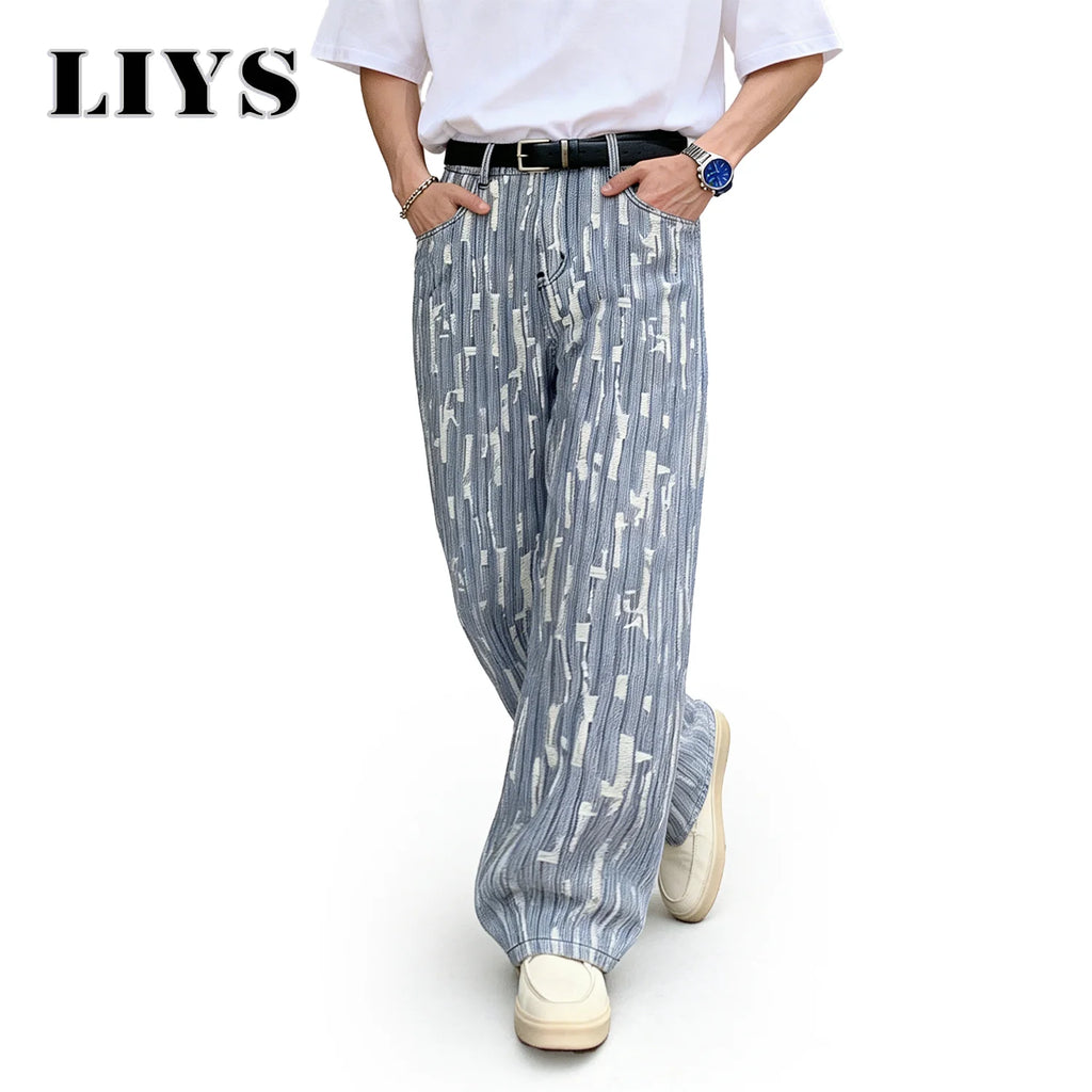 LIYS Men's Vertical Striped Jacquard Baggy Wide Leg Jeans Retro Business Casual Pants Spring Summer Street Fashion Trendy Style