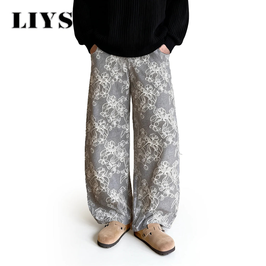 LIYS New Japanese Korean Style Floral Jacquard Fabric Baggy Straight-Leg Jeans American Retro Daily Casual Denim Pants Unisex