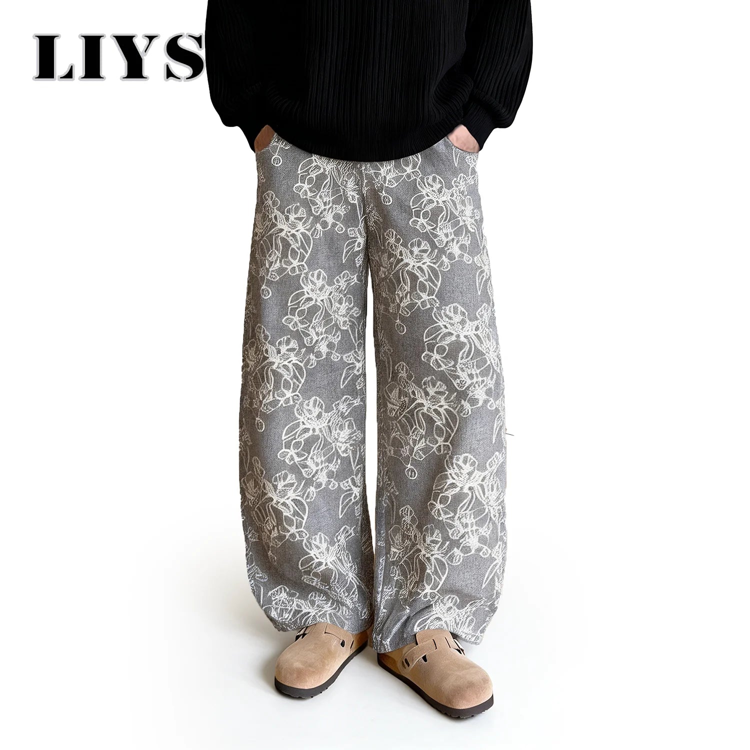 LIYS New Japanese Korean Style Floral Jacquard Fabric Baggy Straight-Leg Jeans American Retro Daily Casual Denim Pants Unisex