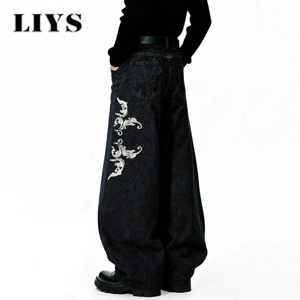 American Retro Street Men's Baggy Wide Leg Jeans Angel Wings Embroidery Button Hip-Hop Bad Boy Charm Loose Denim Pants Clothes