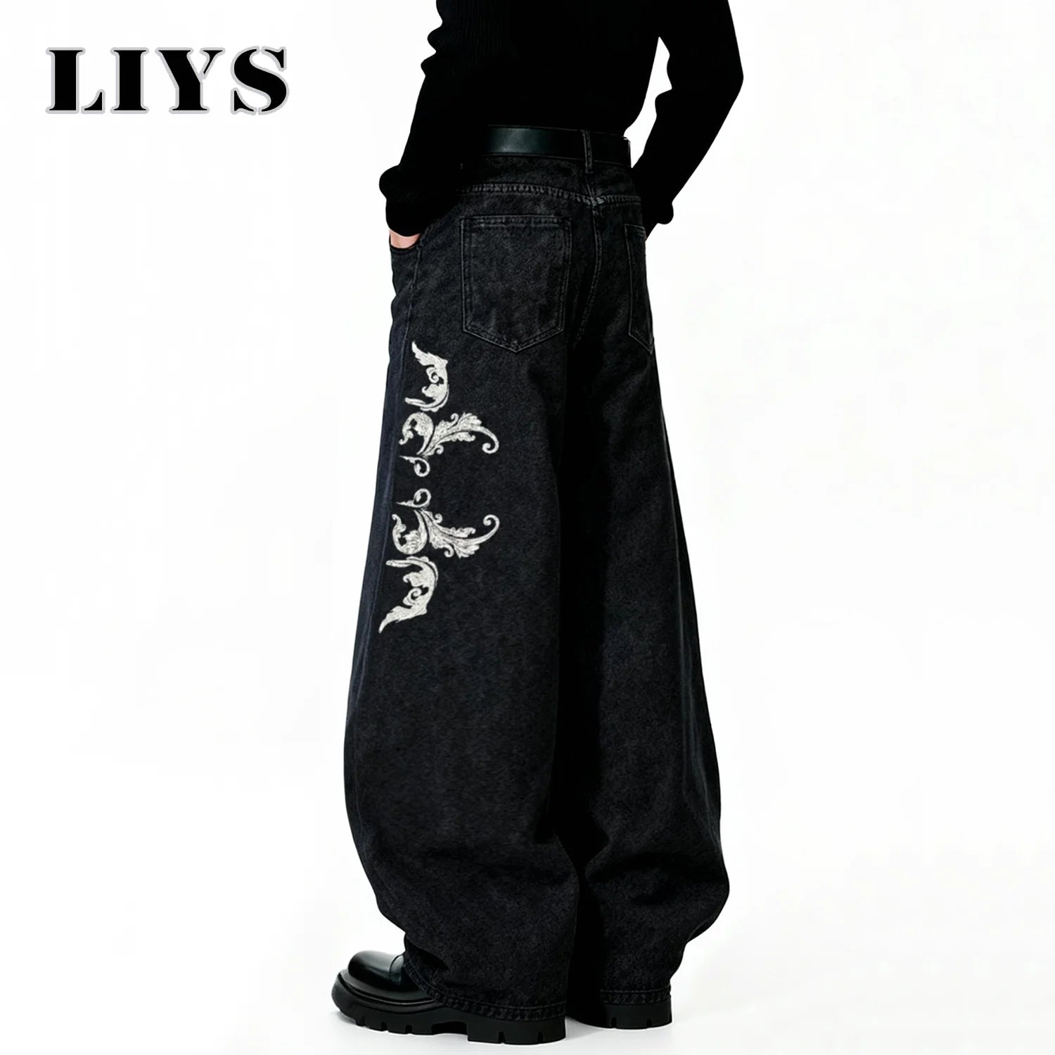 American Retro Street Men's Baggy Wide Leg Jeans Angel Wings Embroidery Button Hip-Hop Bad Boy Charm Loose Denim Pants Clothes