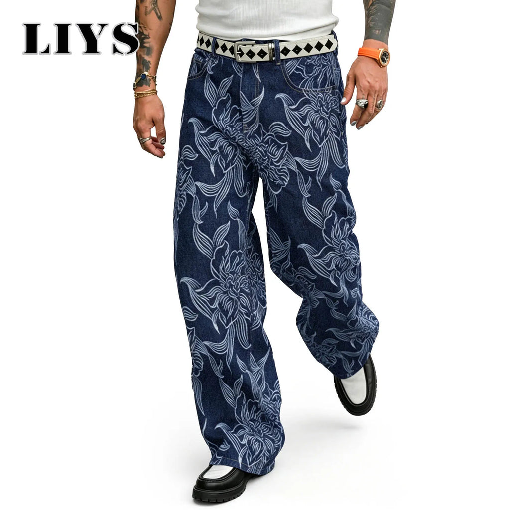 LIYS Men's American Trendy Brand Retro Printed High Street Lazy Leisure Loose Fashion Straight Tube Show Thin Wide Leg Pants