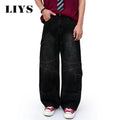 LIYS American Retro Four Seasons Black Baggy Wide Leg Men's Cargo Jeans Street Youth Splicing Multi Pocket Denim Pants Unisex