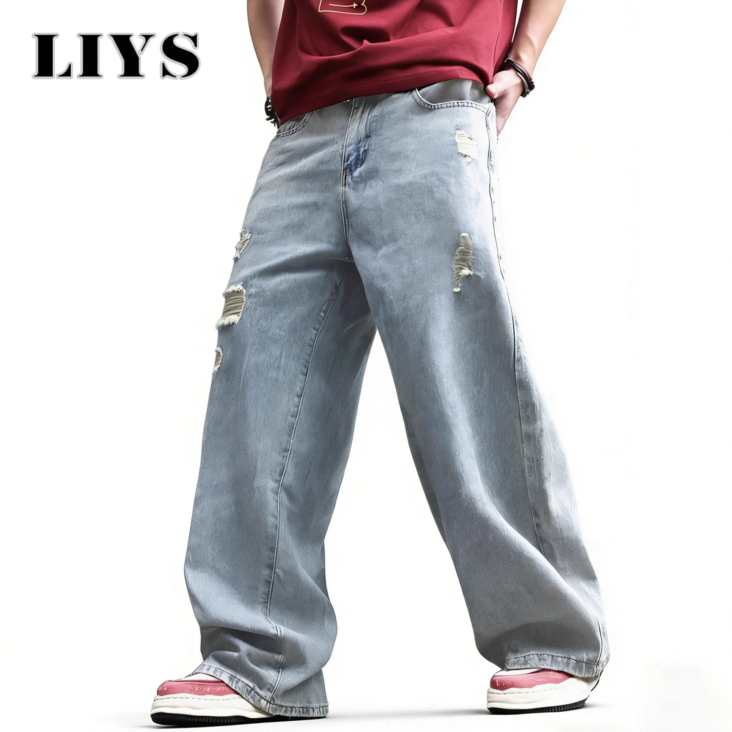 LIYS American Retro Men's Ultra Baggy Wide Leg Jeans High Street Oversized Loose Ripped Denim Pants Light Color Simple Jeans