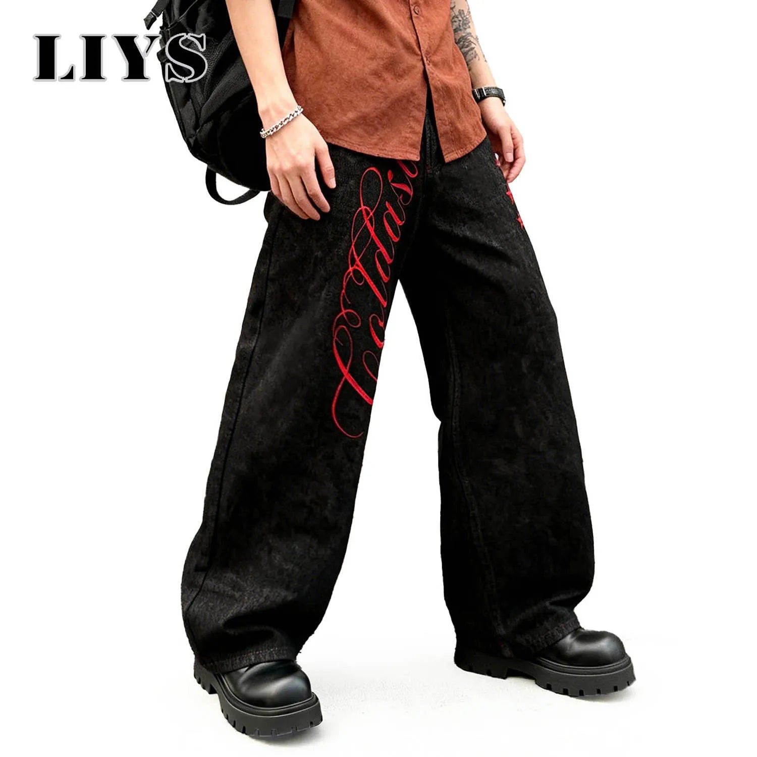 LIYS American Retro Color-blocked Embroidered Baggy Wide-leg Jeans New Japanese Korean Style Embroidered Wide-leg Denim Pants