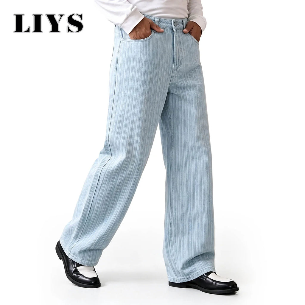 LIYS American Business Casual Light Blue Vertical Stripe Washed Wide Leg Jeans for Men High Street Retro Loose and Slim Straight