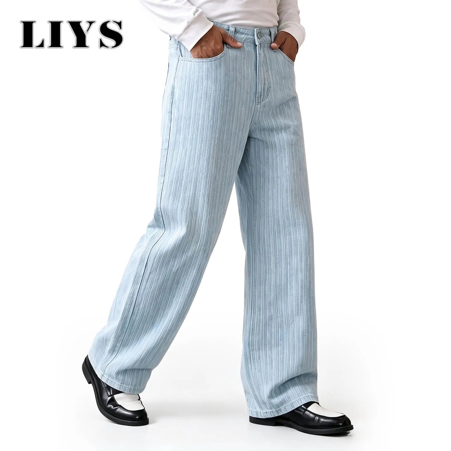 LIYS American Business Casual Light Blue Vertical Stripe Washed Wide Leg Jeans for Men High Street Retro Loose and Slim Straight