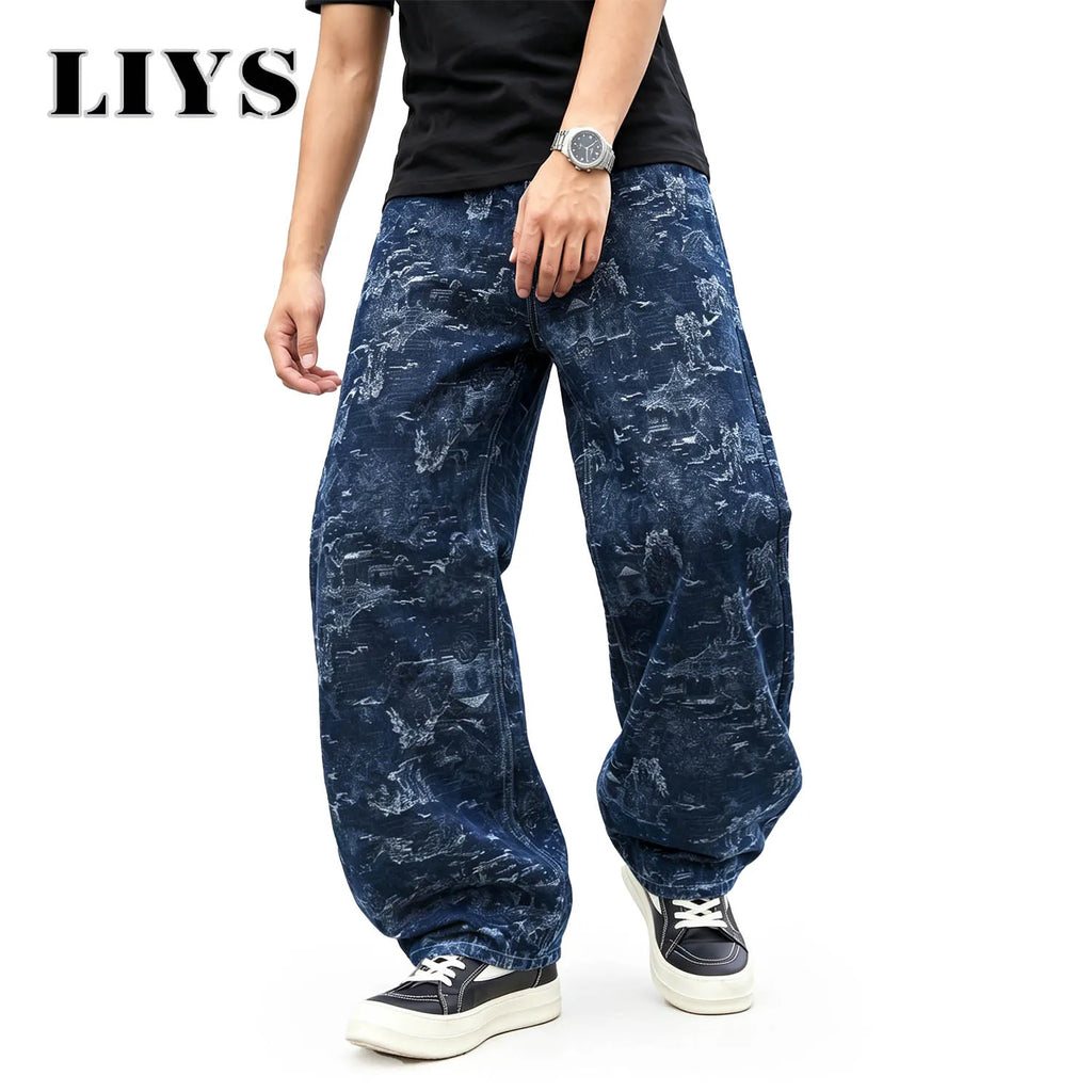 LIYS Four Seasons American Men's High Street Retro Dark Jacquard Wide Leg Jeans American Street Hip Hop Fashion Straight Tube