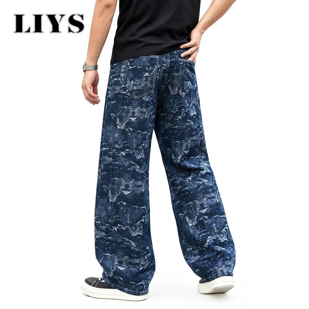 LIYS Four Seasons American Men's High Street Retro Dark Jacquard Wide Leg Jeans American Street Hip Hop Fashion Straight Tube
