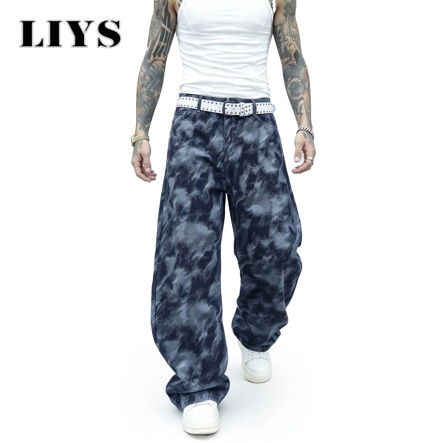 LIYS Men's American Fashion Trendy Brand Ink Dyeing Printed Wash Straight Tube Loose Oversize Denim Casual Street Cool Y2K Style