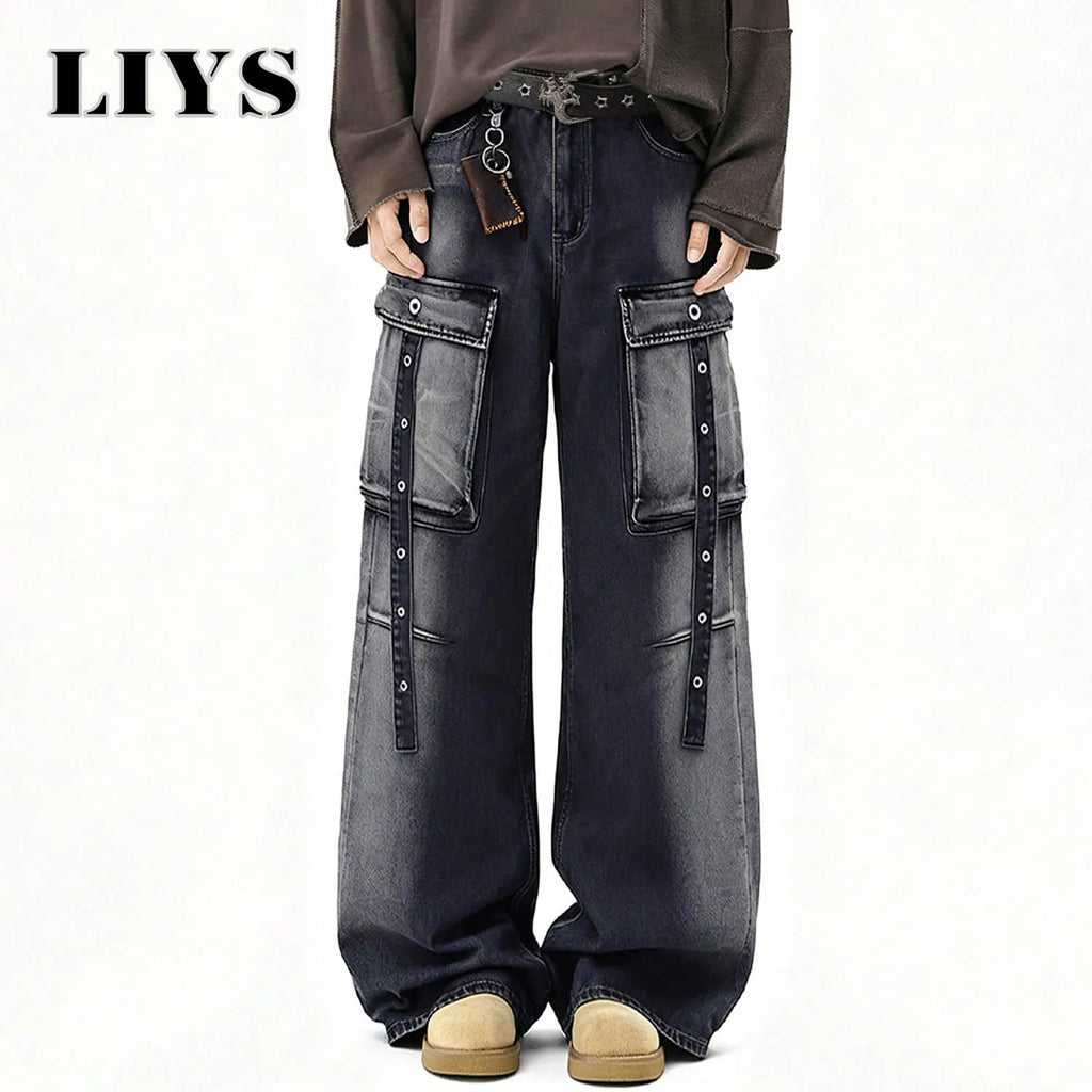 American Retro High Street Black Gray Baggy Wide Leg Men's Jeans Multiple Pockets Heavy-Duty Washed Workwear Denim Pants Unisex