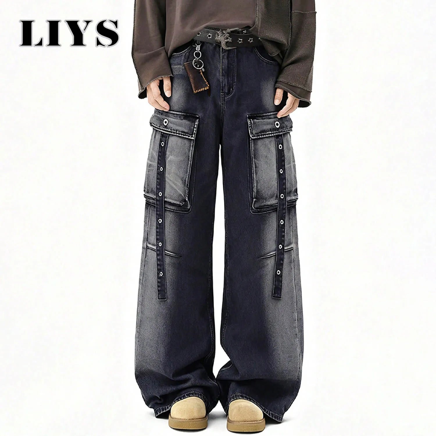 American Retro High Street Black Gray Baggy Wide Leg Men's Jeans Multiple Pockets Heavy-Duty Washed Workwear Denim Pants Unisex