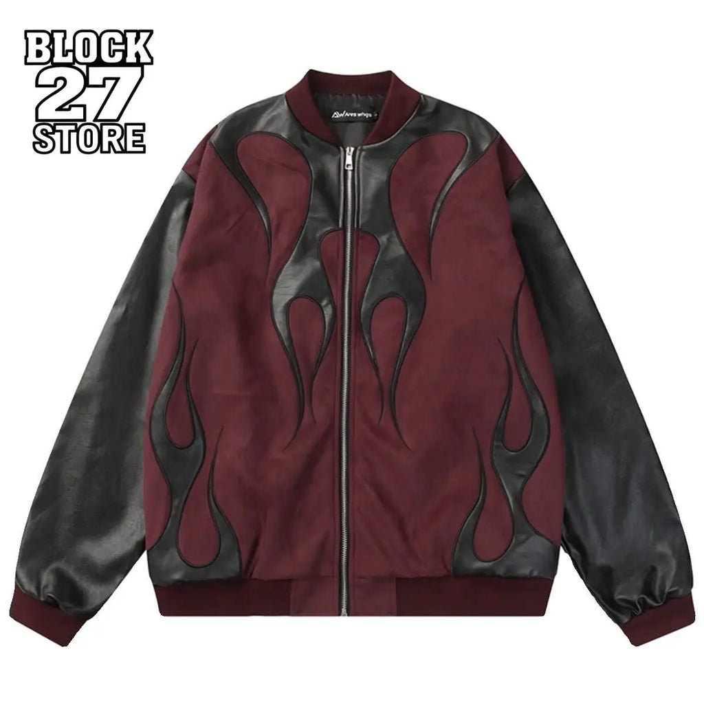 Mens Jacket Vintage Streetwear Burgundy Black PU Patchwork Baseball Collar Zip Up Coat Flame Design Loose Fit Retro Biker Style