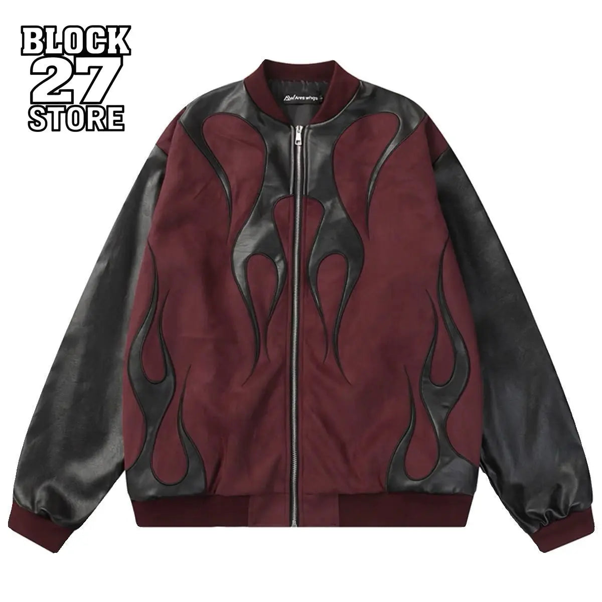 Mens Jacket Vintage Streetwear Burgundy Black PU Patchwork Baseball Collar Zip Up Coat Flame Design Loose Fit Retro Biker Style