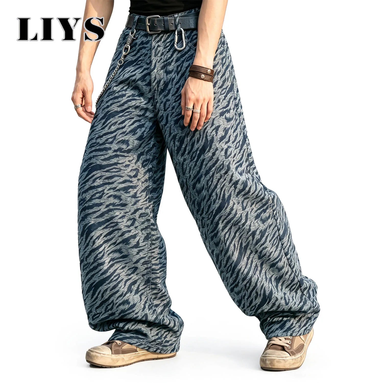 LIYS Men's American Retro Zebra Print High Street Casual Fashion Versatile Slimming Loose Oversized Wide Leg Pants Street Style