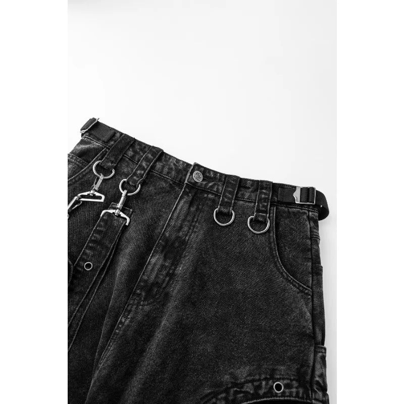 Mens Jeans Harajuku American High Street Streetwear Multi Pocket Detachable Denim Pants Distressed Metal Ring Wide Leg Cargo New