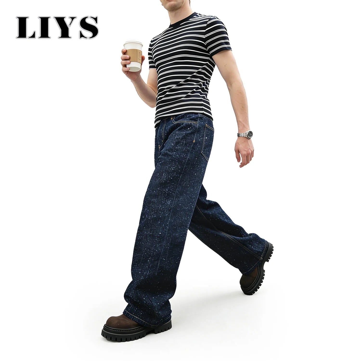 LIYS Men's American Loose Casual High Street Niche Hook Flower Wide Leg Denim Pants High-End Street Style Straight Leg Pants