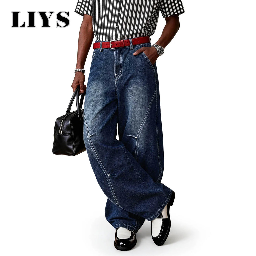 LIYS American Blue Splicing Ultra Baggy Wide Leg Jeans Spring Summer Retro Mid Split Rivet Denim Pants Lantern Balloon Pants ﻿