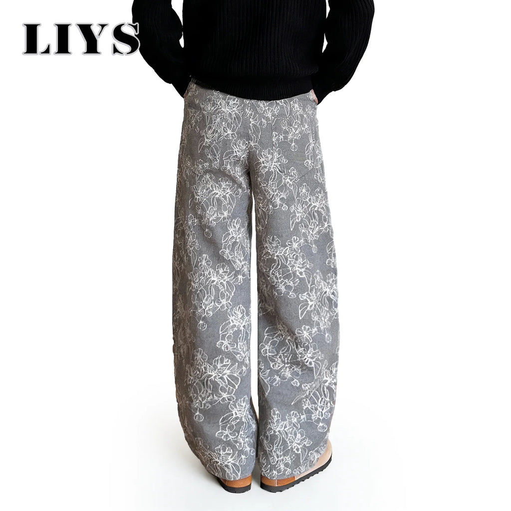 LIYS New Japanese Korean Style Floral Jacquard Fabric Baggy Straight-Leg Jeans American Retro Daily Casual Denim Pants Unisex