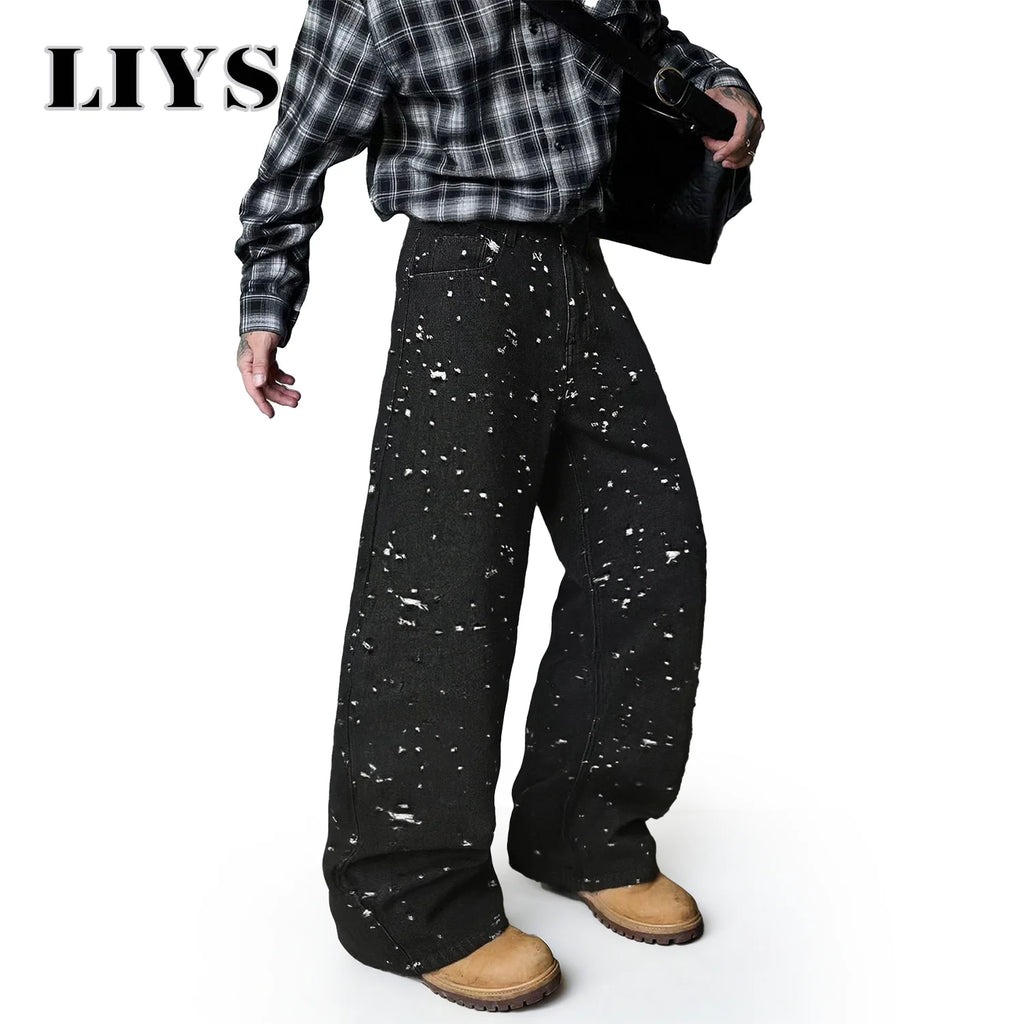 LIYS Japanese-Korean Style Baggy Jacquard Wide-leg Jeans American Retro Distressed Crochet Fabric Wide-leg Denim Pants Unisex