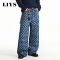 LIYS Japanese Korean Style Checkerboard Jacquard Baggy Wide-leg Jeans Trend Jacquard Casual straight leg Denim Pants Unisex