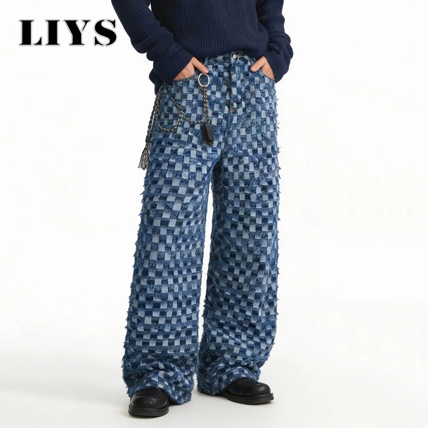 LIYS Japanese Korean Style Checkerboard Jacquard Baggy Wide-leg Jeans Trend Jacquard Casual straight leg Denim Pants Unisex