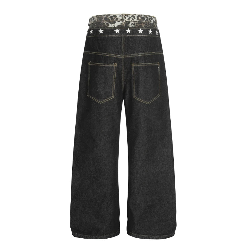 Mens Jeans Double Waist Tie Strap Curved Leg Denim Pants Harajuku Unisex Loose Fit Straight Leg Stack Design Streetwear Fashion