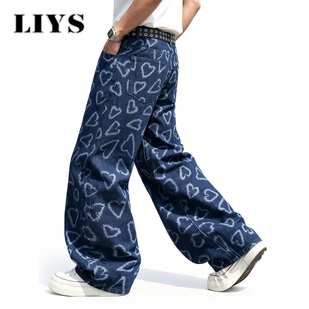 LIYS Men's American High Street Fashion Blue and White Contrast Love Printed Loose Straight Tube Handsome Y2K Wide Leg Jeans