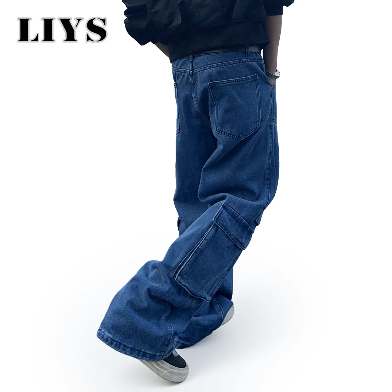 LIYS Men's Cargo Multi Pocket Workwear Jeans Solid Color Baggy Straight Leg Denim Pants Baggy Jeans Man Work Clothes Goth Pants
