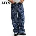 LIYS Men's American Trendy Brand Retro Printed High Street Lazy Leisure Loose Fashion Straight Tube Show Thin Wide Leg Pants