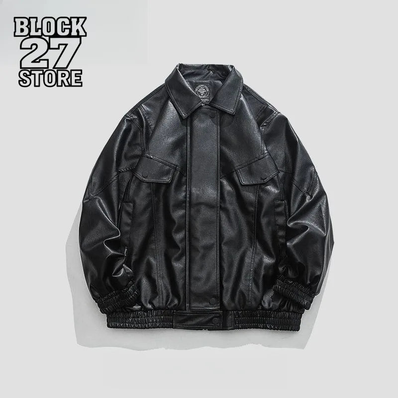 Mens Jacket Harajuku Spring Autumn Faux Leather Coat Lapel Solid Color Plus Size Loose Fit Hong Kong Style Streetwear Fashion