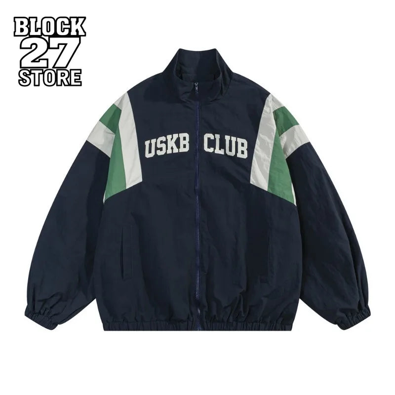 Harajuku Men's Windbreaker Jacket Loose Color Block Stand Collar Zipper Coat Waterproof Windproof Pilot Style American Street
