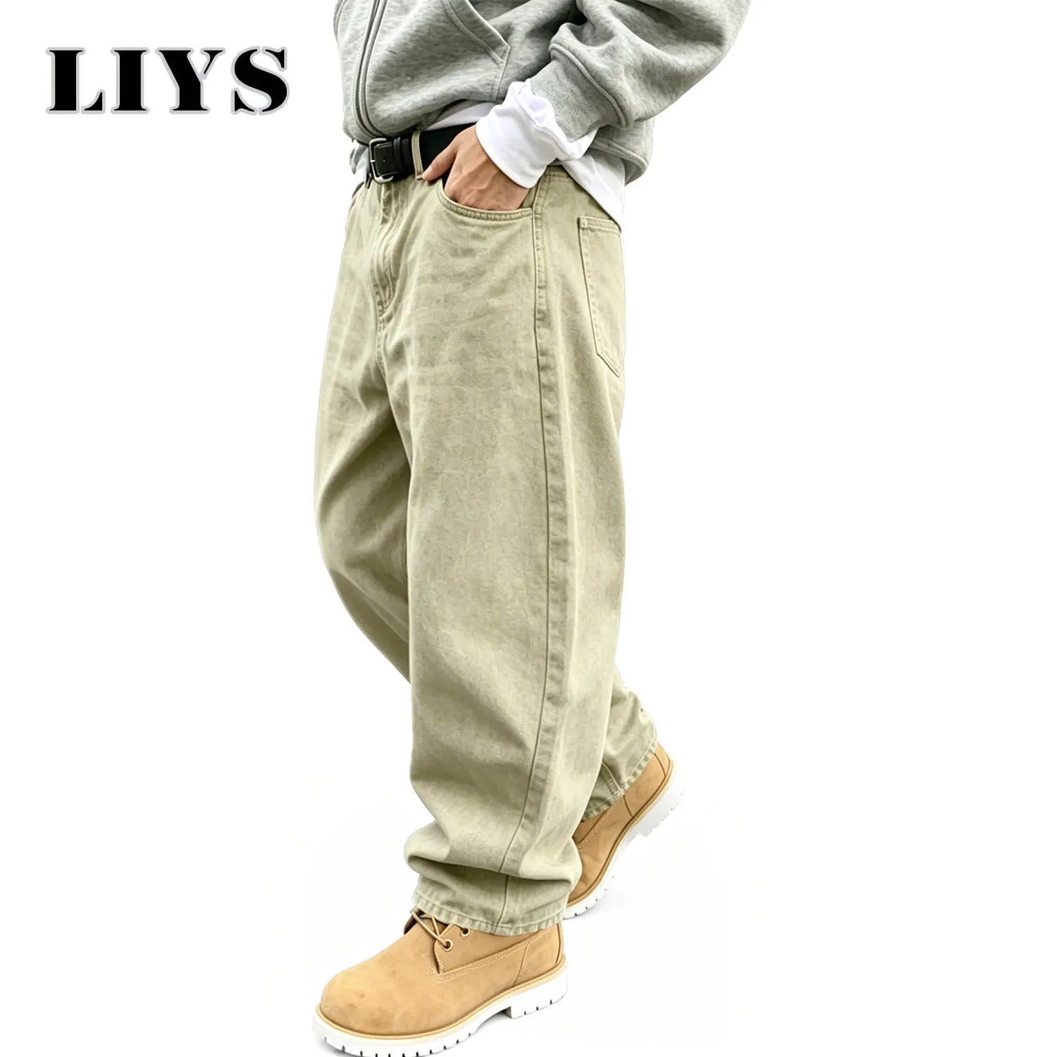 LIYS Men's American Retro Light Khaki Wide Leg Curved Jeans Loose Straight Tube Washed Work Pants High Street Fashion Versatile