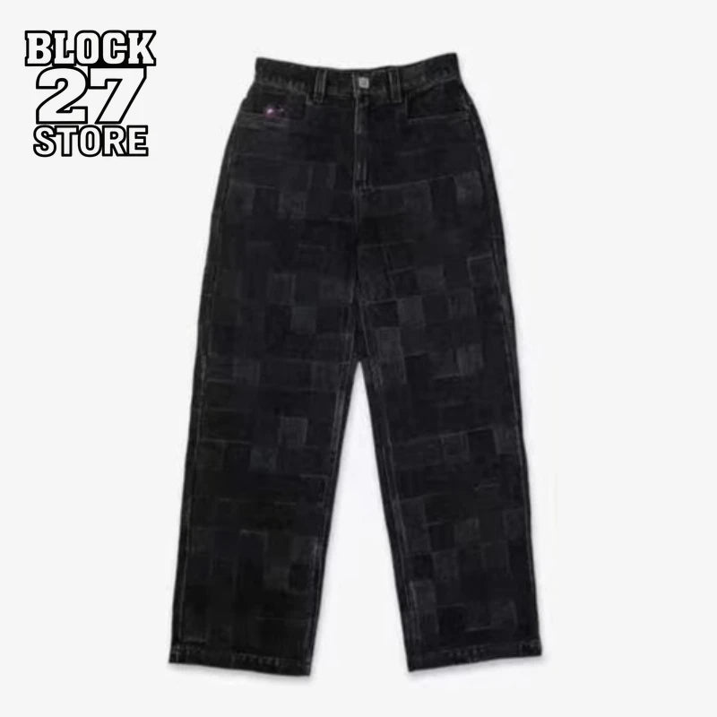 Mens Jeans Harajuku American High Street Streetwear Premium Wide Leg Denim Pants Straight Fit Spring Summer Plaid Casual Unisex