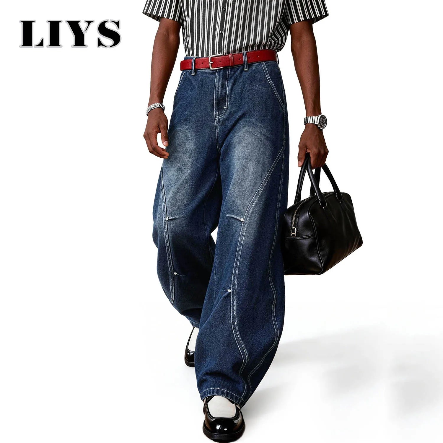 LIYS American Blue Splicing Ultra Baggy Wide Leg Jeans Spring Summer Retro Mid Split Rivet Denim Pants Lantern Balloon Pants ﻿