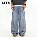 Men's American Retro High Street Blue Baggy Wide Leg Jeans Korean Side Ripped Loose Jeans Personalized Design Unisex Denim Pants