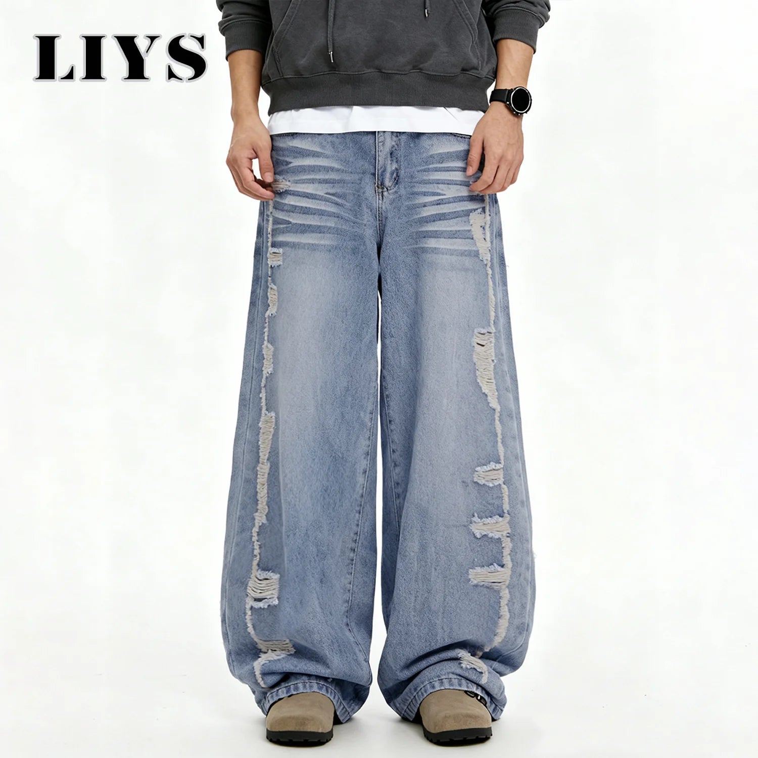 Men's American Retro High Street Blue Baggy Wide Leg Jeans Korean Side Ripped Loose Jeans Personalized Design Unisex Denim Pants