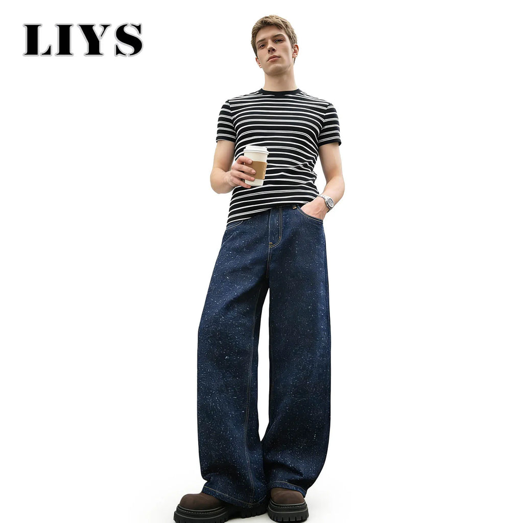 LIYS Men's American Loose Casual High Street Niche Hook Flower Wide Leg Denim Pants High-End Street Style Straight Leg Pants
