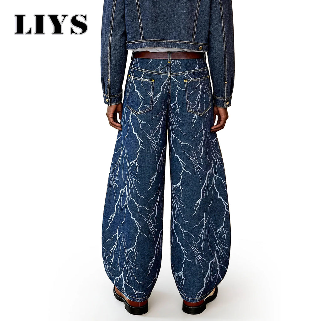 LIYS American Retro Blue Jacquard Baggy Machete Wide-Leg Jeans Daily High Street  Couple Balloon Denim Pants Casual Lantern Pant
