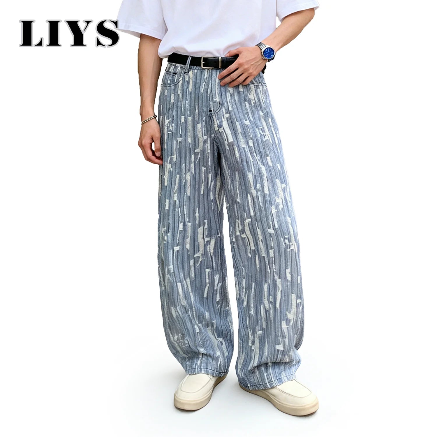 LIYS Men's Vertical Striped Jacquard Baggy Wide Leg Jeans Retro Business Casual Pants Spring Summer Street Fashion Trendy Style