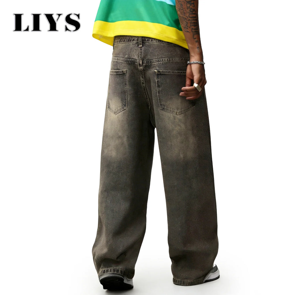 LIYS Men's American Retro Washed Ultra Baggy Wide Leg Jeans Four Seasons Split Splicing Denim Pants Unisex Denim Mopping Pants
