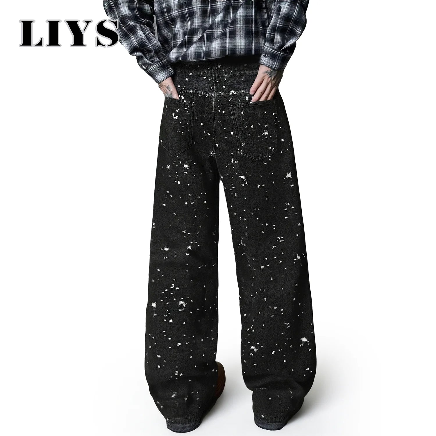 LIYS Japanese-Korean Style Baggy Jacquard Wide-leg Jeans American Retro Distressed Crochet Fabric Wide-leg Denim Pants Unisex