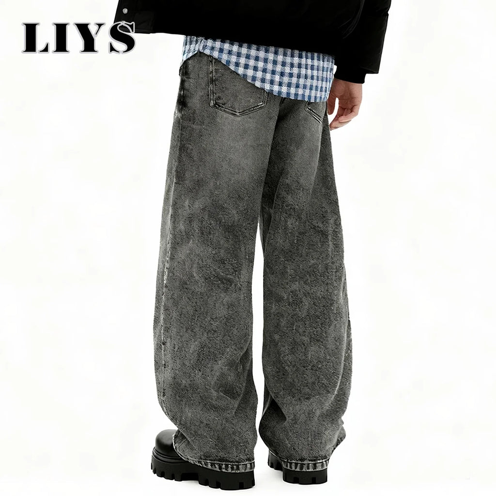 LIYS American Retro Men's Oversized Baggy Wide Leg Jeans Korean Casual Ultra Loose Straight Leg Denim Pants Unisex Drip Jeans