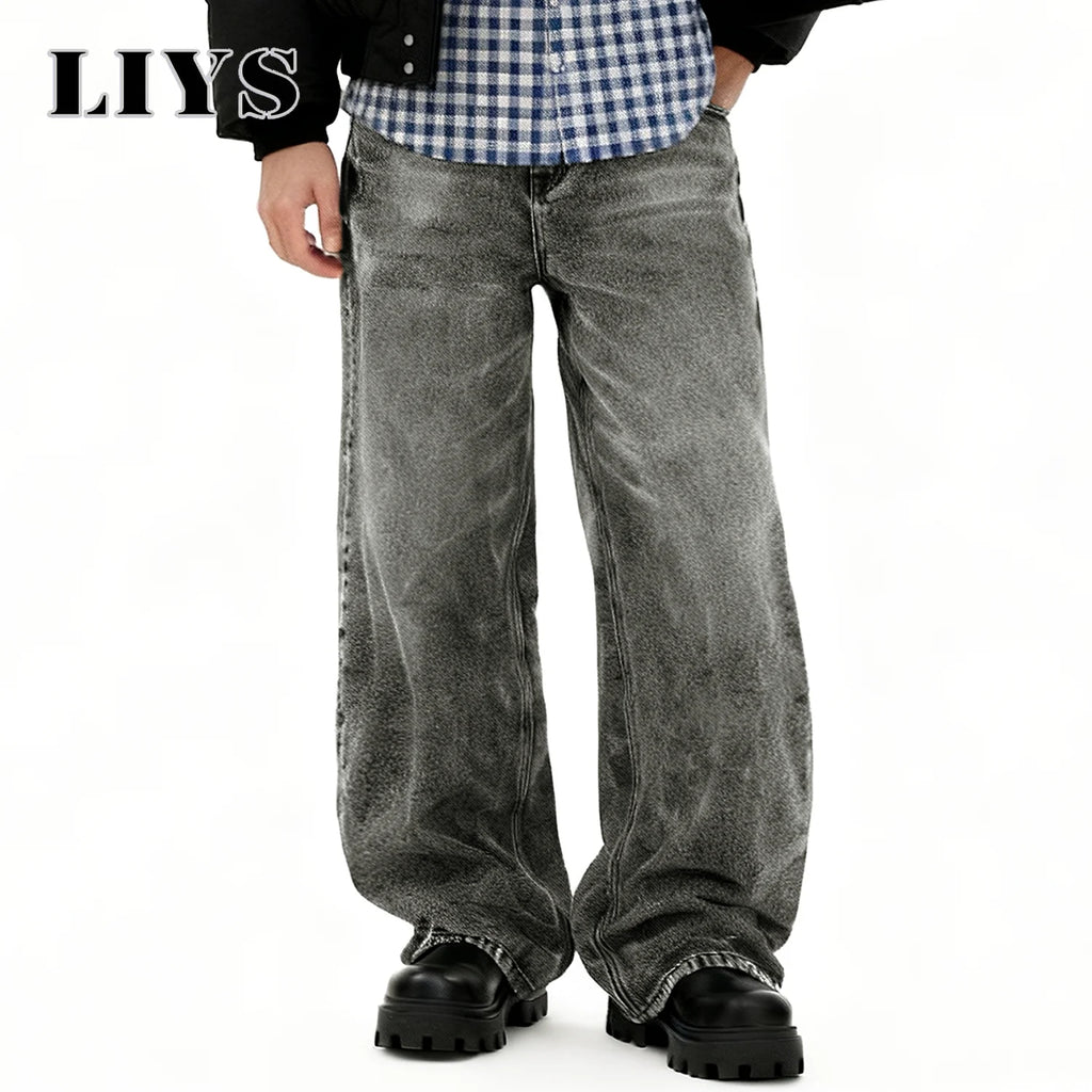 LIYS American Retro Men's Oversized Baggy Wide Leg Jeans Korean Casual Ultra Loose Straight Leg Denim Pants Unisex Drip Jeans