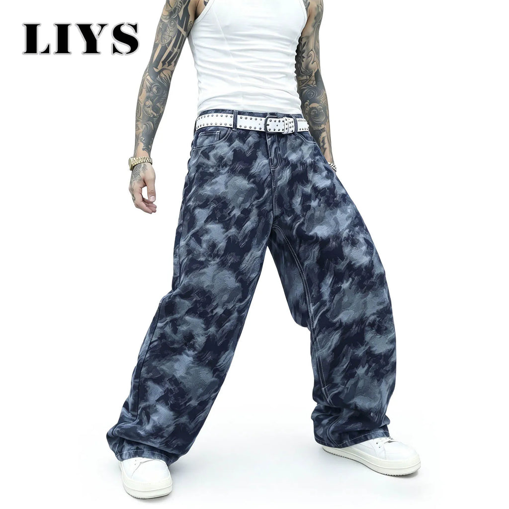 LIYS Men's American Fashion Trendy Brand Ink Dyeing Printed Wash Straight Tube Loose Oversize Denim Casual Street Cool Y2K Style