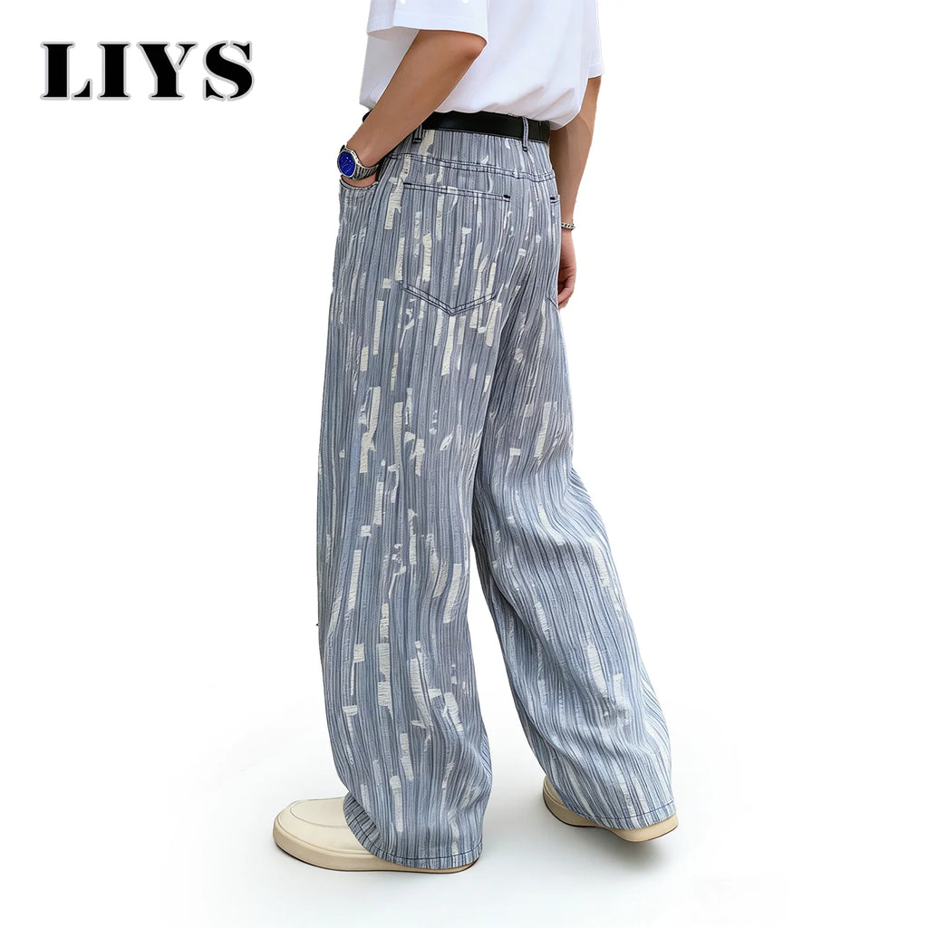 LIYS Men's Vertical Striped Jacquard Baggy Wide Leg Jeans Retro Business Casual Pants Spring Summer Street Fashion Trendy Style