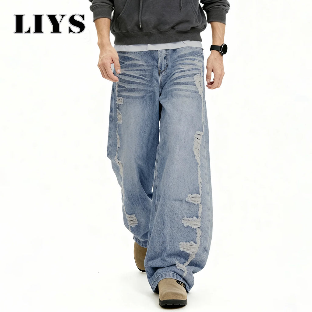 Men's American Retro High Street Blue Baggy Wide Leg Jeans Korean Side Ripped Loose Jeans Personalized Design Unisex Denim Pants