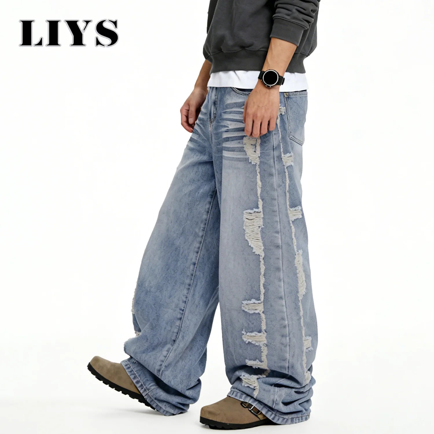 Men's American Retro High Street Blue Baggy Wide Leg Jeans Korean Side Ripped Loose Jeans Personalized Design Unisex Denim Pants