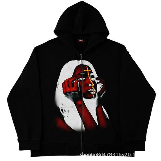 Y2K Zip Up Hoodie Men Streetwear Loose Fit Hooded Sweatshirt Pocket Design Street Style Casual Sport Retro Fashion Autumn Winter