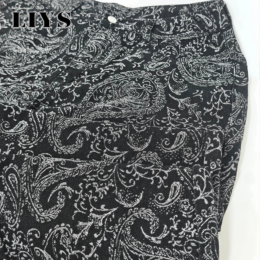 LIYS Men's American Trendy Brand Dark Cashew Flower Full Print Jeans Loose Oversize High Street Loose Straight Tube Casual